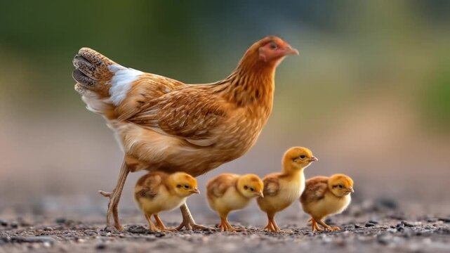 A mother hen leads her small chicks across a patch of ground.