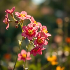 Obraz premium Close-up of delicate pink flowers with yellow centers on a blurred natural background.