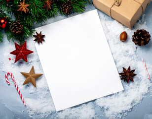 christmas with blank paper and decoration on snow design background