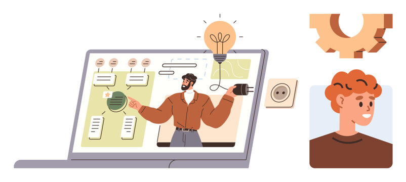 Person presenting strategic concepts via laptop screen featuring flowcharts, innovation symbols thumbs up lightbulb, connection port, technical gear, and personal profile portrait. Ideal