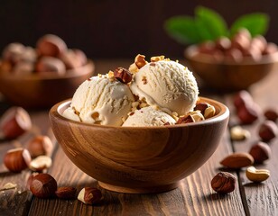 Creamy hazelnut ice cream in a wooden bowl