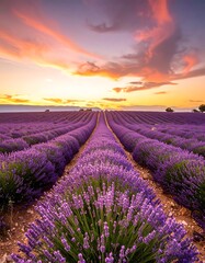 Naklejka premium Lavender field at sunset