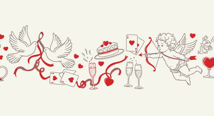 Charming Valentine's Day design with cupid, doves, hearts, and champagne creates a romantic and joyful mood for love-themed projects