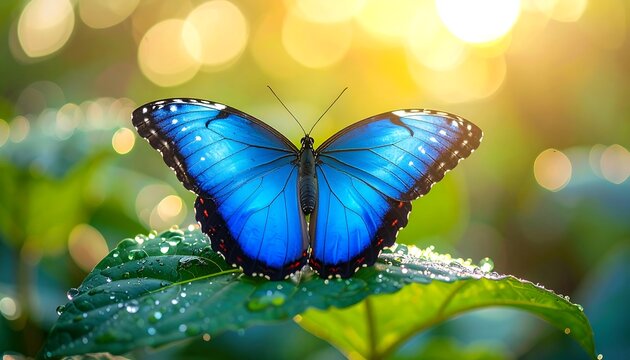 Beautiful blue butterfly on leaf
