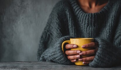 Woman in gray sweater holding a yellow mug