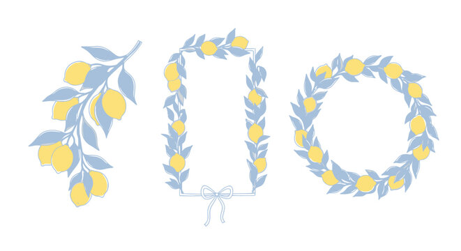 Inviting lemon frames and branch for vibrant summer designs or elegant citrus themed invitations, perfect for adding a zest of freshness and joy