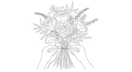 Elegant line art floral bouquet being tied with ribbon, perfect for modern minimalist weddings or sophisticated stationery designs, create a lovely romantic feel
