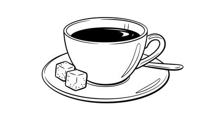 Elegant coffee cup sketch with sugar cubes invites a cozy, comforting mood for cafe menus, recipe illustrations, or a relaxing break concept