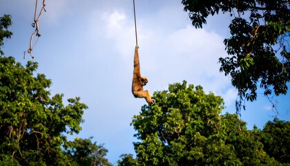 Monkey swinging in a jungle canopy