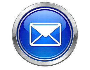 Blue circular button with email icon.  A glossy, bright blue circle, edged with silver, contains a white email symbol