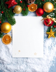 christmas with blank paper and decoration on snow design background