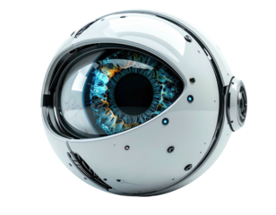 Futuristic, sphere-shaped eye, with a detailed, vibrant blue iris and white metallic casing
