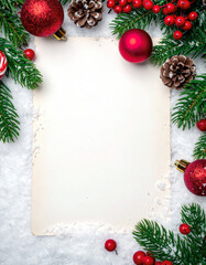 christmas with blank paper and decoration on snow design background