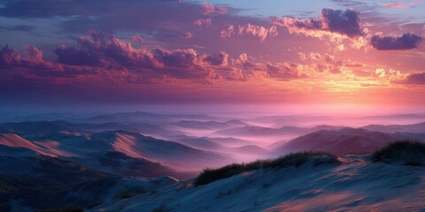 Breathtaking desert sunrise casting vibrant pink and purple hues over majestic mountain peaks, serene vista