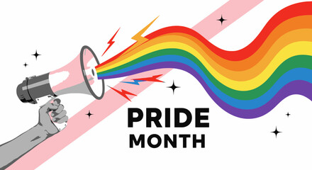 Celebrate Pride Month with vibrant rainbow megaphone graphic, perfect for social media campaigns and community events promoting love and equality!