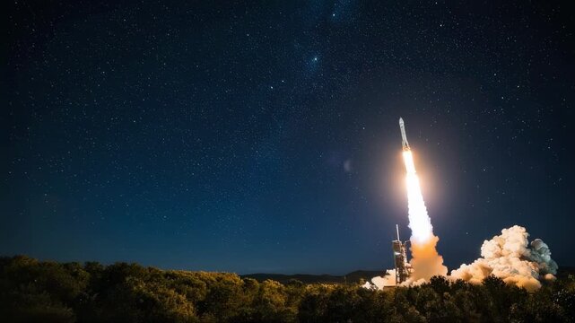 A rocket launch into the night sky with a trail of smoke, fire and stars