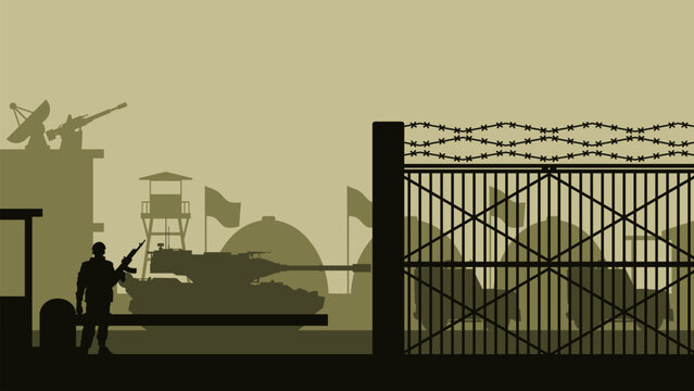 Military base landscape illustration with headquarter and armament