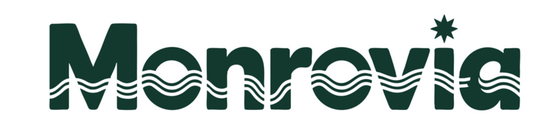 Modern Monrovia Typography Logo Design with Wavy Lines, Nautical Elements, and Stylized Star on Transparent Background