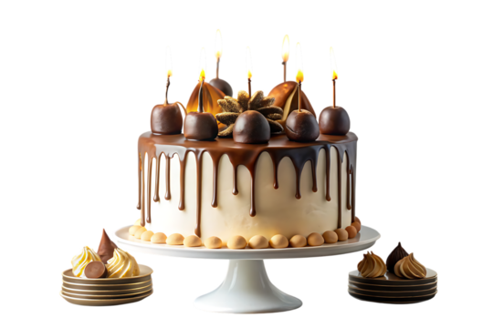Decadent Chocolate Drip Cake with Candles and Mini Desserts cutout png isolated on a transparent background