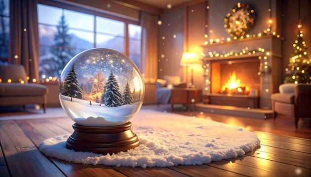 Cozy Christmas snow globe in a living room