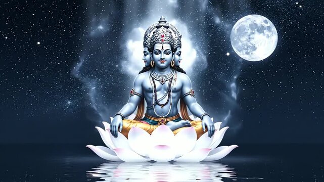 Lord Brahma, the divine Hindu creator, meditates on a radiant lotus. Bathed in full moon light against a starry sky, this image symbolizes creation and spiritual wisdom