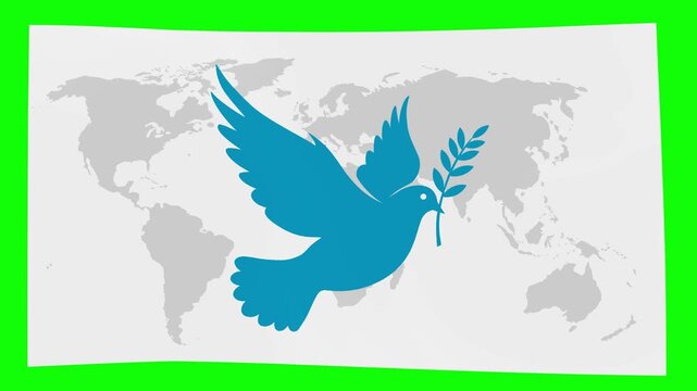 World flag design with a blue dove icon or symbol flying with a laurel in its beak symbolizing peace moving over a green chroma