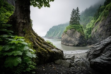 Misty coastal scene with lush vegetation and rocks
