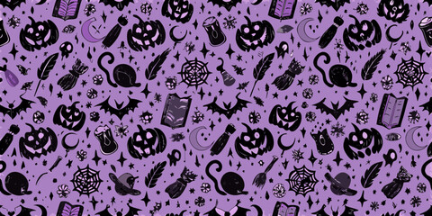 Whimsical halloween pattern with pumpkins bats spiders webs moons and feathers on purple background
