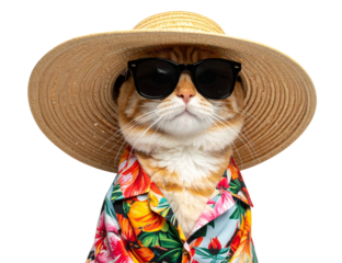 Funny Stylish Cat Dressed in Tropical Holiday Outfit with Hat and Shades