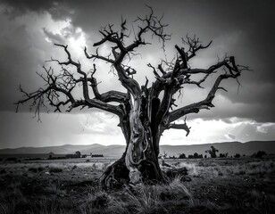Grim, ancient tree in a desolate landscape