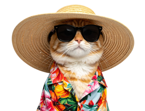 Funny Stylish Cat Dressed in Tropical Holiday Outfit with Hat and Shades - Powered by Adobe