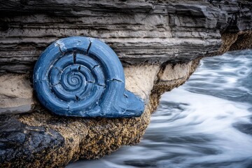 Blue snail sculpture on coastal rock face