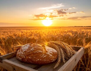 Loaf of bread in golden wheat field at sunset