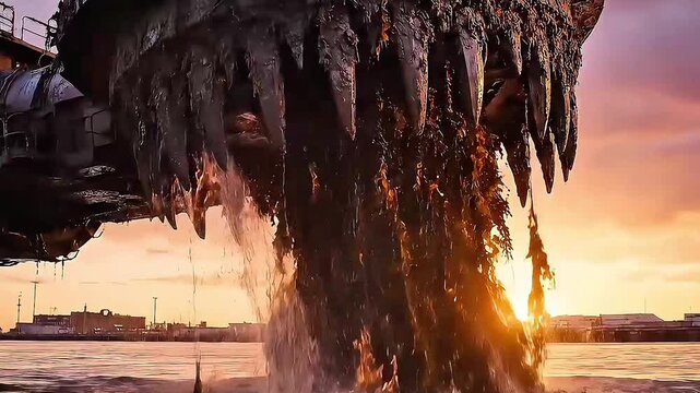 Giant monster machine spewing water into the sea at sunset.