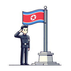 Illustration of Soldiers Saluting the North Korean Flag with a White Background
