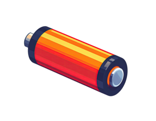 A stylized, isometric illustration of a battery. Bright orange and yellow stripes, dark gray ends