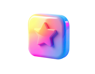 A vibrant, 3D square icon; gradient colors; star graphic