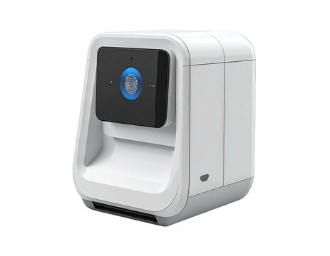 White, square, modern device with a central camera and touch interface