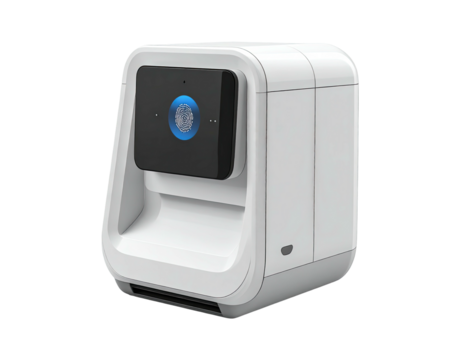 White, square, modern device with a central camera and touch interface