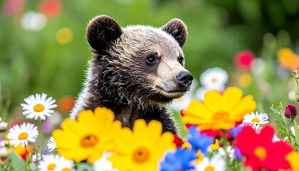 Grizzly cub amidst vibrant wildflowers