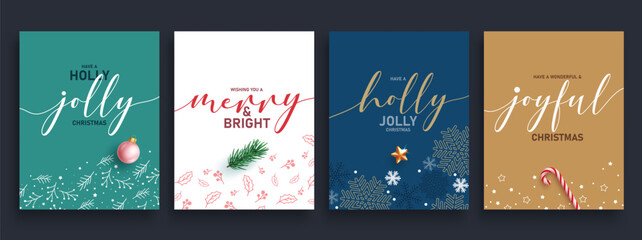 Christmas greeting card calligraphy clipart poster set. Christmas greeting card clip art with holly jolly, merry and bright typography text in elegant simple template background collection for holiday