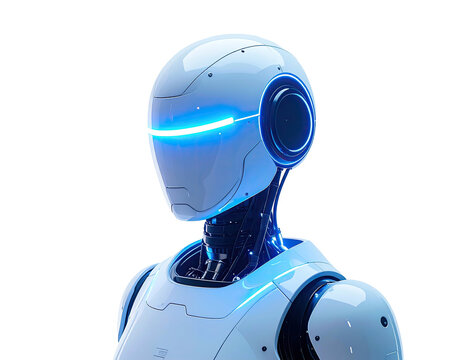 Close-up of a white robot head and upper torso, featuring glowing blue accents
