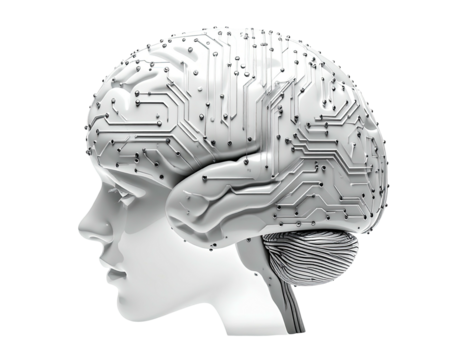 A stylized white 3D head, brain with circuit board texture