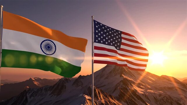 india and usa flags waving mountain sunset