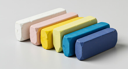 Vibrant pastel colored chalk sticks arranged in a row on a light gray background, perfect for art, education, and creative projects.