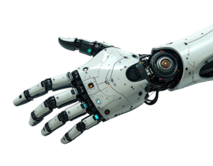 Detailed close-up of a mechanical hand, showcasing intricate components and glowing accents