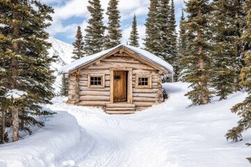 Rustic log cabin nestled in snowy woods