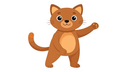 Naklejka premium A cute, brown cartoon cat waves hello