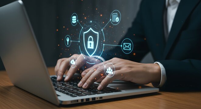 Secure data protection and network security systems. VPN connections and zero trust security. Man using laptop computer with an encrypted data security system.