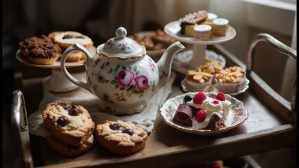 Fototapeta premium Elegant tea party with floral teapot and assorted pastries